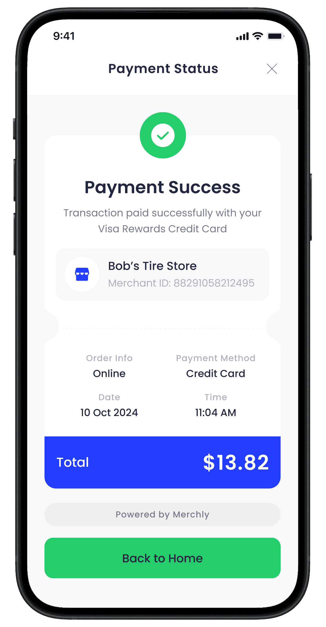 iPhone showing Merchly payment processing